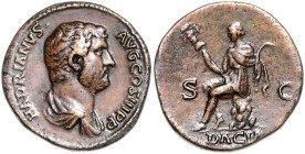 RÖMISCHES REICH, Hadrian, 117-138, AE As COS III (129-130), Rom. Drap. Büste r. Rs.Dacia l. thronend, hält Standarte und Sichel. 10,91g.
l. bearbeite...