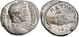 RÖMISCHES REICH, Hadrian, 117-138, Bil.-Tetradrachme Jahr 12 =127, Ägypten, Stadt Alexandria. Belorb. Büste. Rs.Handschlag. 13,50g.
schöne Tönung, se...