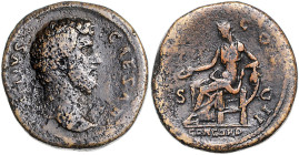 RÖMISCHES REICH, Aelius als Caesar, 136-138, AE Sesterz COS II =137, Rom. Kopf r., L AELIVS CAESAR. Rs.Concordia l. sitzend, trägt Patera und stützt a...