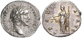RÖMISCHES REICH, Antoninus Pius, 138-161, AR Denar COS III (140-143), Rom. Belorb. Büste r. Rs.Aequitas mit Waage und Zepter. 3,13g.
ss/vz
Seaby 13,...
