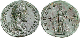 RÖMISCHES REICH, Antoninus Pius, 138-161, AE Sesterz COS III =140-144, Rom. Belorb. u. drap. Büste r., ANTONINVS AVG PIVS PP TRP COS III. Rs.Annona r....