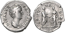 RÖMISCHES REICH, Faustina I., Gemahlin des Antoninus Pius, +141, AR Denar, Rom. Drap. Büste r. Rs.Antoninus Pius reicht Faustina die Hand. 3,12g.
ss...