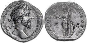 RÖMISCHES REICH, Marcus Aurelius, 161-180, AE Sesterz (163-164), Rom. Belorb. Büste r. Rs.Minerva l. stehend, hält Zweig mit der r. Hand und lehnt die...
