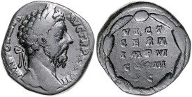 RÖMISCHES REICH, Marcus Aurelius, 161-180, AE Sesterz (173), Rom. Belorb. Büste r., M ANTONINUS AVG TR P XXVII. Rs.Schrift im Kranz. 24,35g.
schöne P...