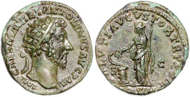 RÖMISCHES REICH, Marcus Aurelius, 161-180, AE Dupondius TRP XVII =161/2, Rom. Kopf mit Strahlenkrone r. Rs.Salus l.stehend, füttert Schlange am Altar....