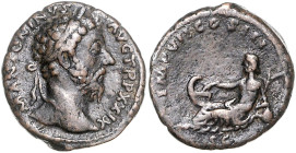 RÖMISCHES REICH, Marcus Aurelius, 161-180, AE As TRP XXIX =174/5, Rom. Belorb. Kopf r. Rs.Tiber l. lagernd. 10,40g.
selten, ss+
RIC 1142