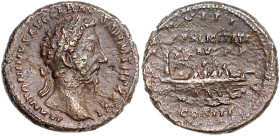 RÖMISCHES REICH, Marcus Aurelius, 161-180, AE As TRP XXXI =176-177, Rom. Belorb. Kopf r., M ANTONINVS AVG GERM SARM TRPXXXI. Rs.Galeere r. mit Neptun ...