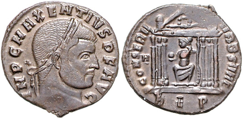 RÖMISCHES REICH, Maxentius, 306-312, AE Follis REP =Rom. Belorb. Kopf. Rs.Roma i...