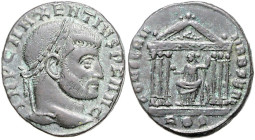 RÖMISCHES REICH, Maxentius, 306-312, AE Follis (310), ROS =Rom. Belorb. Büste r. Rs.Roma im sechssäuligen Tempel. Mit Figuren im Giebel. 7,03g.
ss+
...