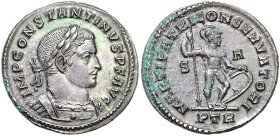 RÖMISCHES REICH, Constantin I. der Große, 307-337, AE Follis (307-308), S A PTR =Trier. Belorb. gepanz. Büste r. Rs.Mars mit Speer und Schild. 6,71g....