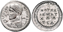 RÖMISCHES REICH, Constantin I. der Große, 307-337, AE Follis (318-319), .TS.D. =Thessalonica. Belorb. und gepanz. Büste l., hält Speer, CONSTANTINVS A...