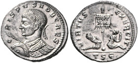 RÖMISCHES REICH, Crispus als Caesar, 317-326, AE Follis (320), .TS.E. =Thessalonica. Belorb. und gepanz. Büste l., hält Speer und Schild, CRISPVS NOB ...