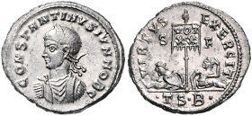 RÖMISCHES REICH, Constantin II. als Caesar, 317-337, AE Follis (320), S-F .TS.B. =Thessalonica. Belorb. und gepanz. Büste l., CONSTANTINVS IVN NOB C. ...