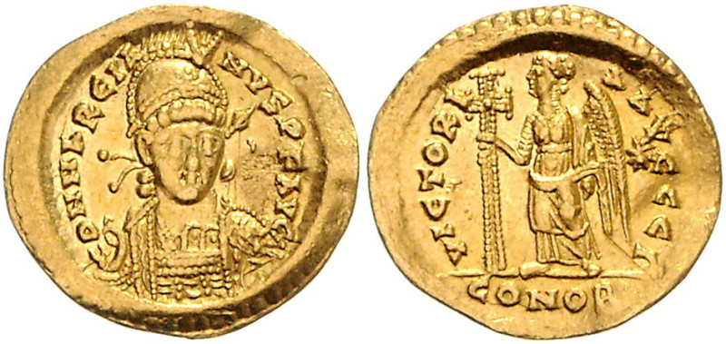 RÖMISCHES REICH, Marcian, 450-457, AV Solidus. Behelmte Büste mit Speer und Schi...