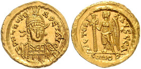 RÖMISCHES REICH, Leo I., 457-474, AV Solidus (462/466), CONOB =Konstantinopel, Off.A. Behelmte Büste mit Speer und Schild v. vorn, DN LEO PE-RPET AVG....