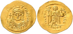 BYZANTINISCHES REICH, Mauricius Tiberius, 582-602, AV Solidus (583-602) CONOB =Konstantinopel. Beh. Büste von vorn, hält Kreuzglobus, MAVRC Tib PP AVC...