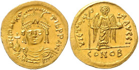 BYZANTINISCHES REICH, Mauricius Tiberius, 582-602, AV Solidus (583-602) CONOB =Konstantinopel. Beh. Büste von vorn, hält Kreuzglobus, MAVRC Tib PP AVC...