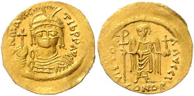 BYZANTINISCHES REICH, Mauricius Tiberius, 582-602, AV Solidus (583-602) CONOB =Konstantinopel. Beh. Büste von vorn, hält Kreuzglobus, MAVRC Tib PP AVC...