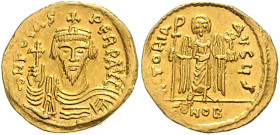 BYZANTINISCHES REICH, Phocas, 602-610, AV Solidus. Büste frontal mit Kreuz. Rs.Victoria mit Langkreuz und Kreuzglobus frontal stehend, Off.S.
GOLD, f...