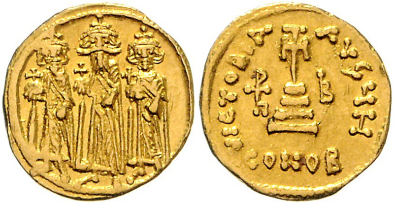 BYZANTINISCHES REICH, Heraclius, 610-641, AV Solidus. 3 stehende Kaiser. Rs.Kreu...