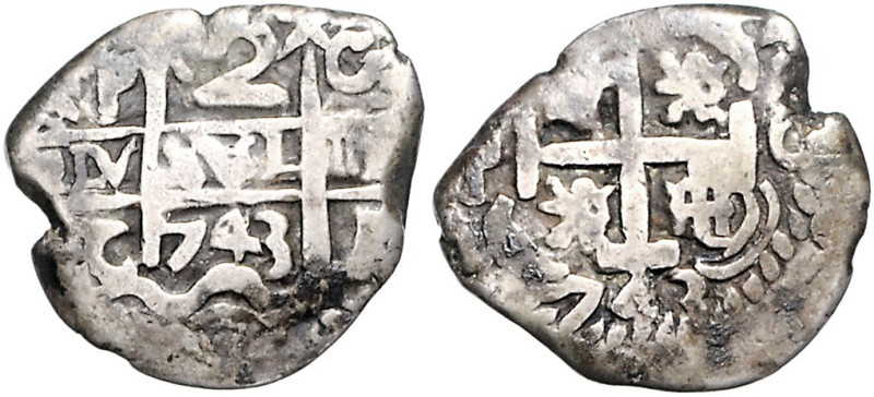 BOLIVIEN, Philipp V., 1700-1724 u. 1724-1746, 2 Reales 1743 P C, Potosi. 6,11g....