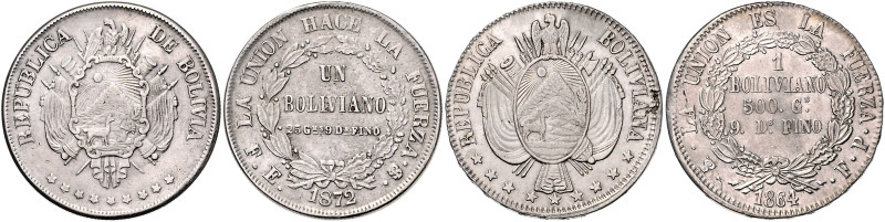 BOLIVIEN, Republik, seit 1825, Boliviano 1872 FE, 1864 FP.
2 Stk., ss
KM 155.4...