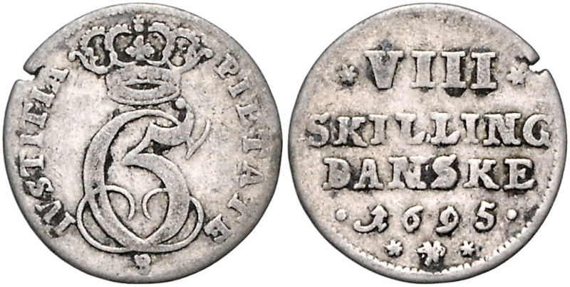 DÄNEMARK, Christian V., 1670-1699, 8 Skilling 1695, Glückstadt. 2,69g.
Sf.am Rd...