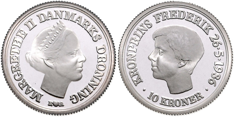 DÄNEMARK, Margrethe II., seit 1972, 10 Kronen 1986. Kronprinz Frederiks 18. Gebu...