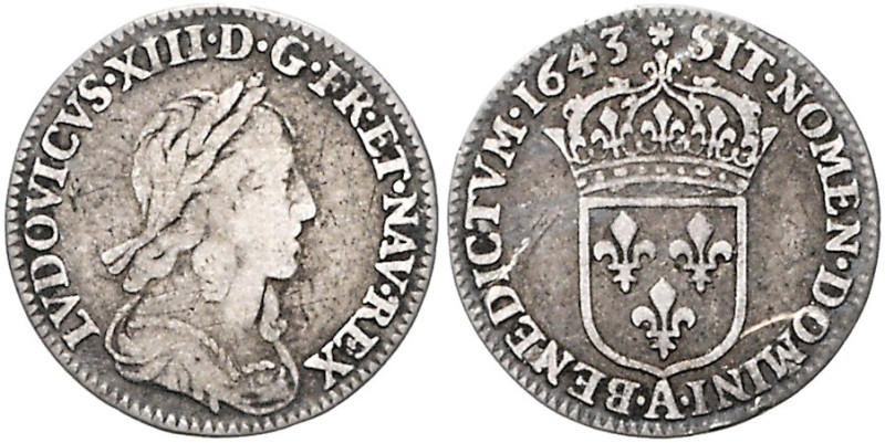 FRANKREICH, Ludwig XIII., 1610-1643, 1/12 Ecu 1643 A, Paris. Mz.Rose. 2,15g.
kl...