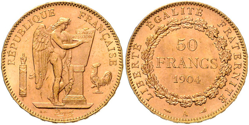 FRANKREICH, Dritte Republik, 1871-1940, 50 Francs 1904 A, Paris. 16,12g.
Ware i...