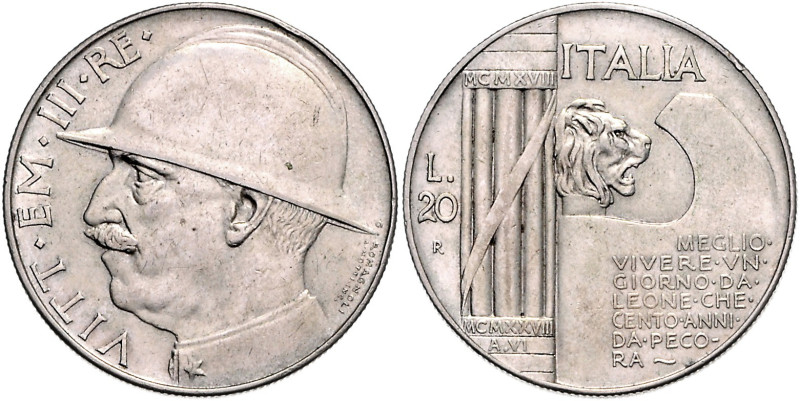 ITALIEN, Vittorio Emanuele III., 1900-1946, 20 Lire 1928 R, Rom. 20,06g.
kl.Rdf...