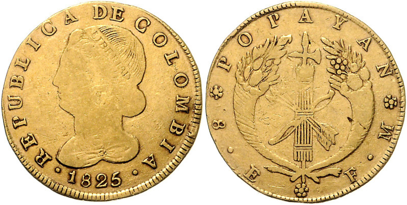 KOLUMBIEN, Republik, 1821-1837, 8 Escudos 1825 FM, Popayan. 26,78g.
Ware ist Mw...