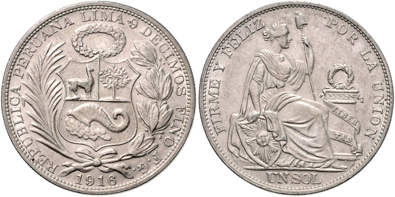 PERU, Republik, seit 1821, Sol 1916 FG, Lima. LIBERTAD erhaben. 24,93g.
vz
KM ...