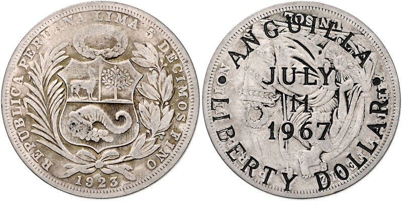 PERU, Republik, seit 1821, Sol 1923. Rs.Gegenstempel =ANGUILLA, Liberty Dollar 1...