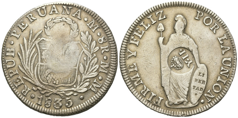 PERU, Republik, seit 1821, 8 Reales 1835 LIMAE MM, Lima. Rs.Gegenstempel Y.II. =...