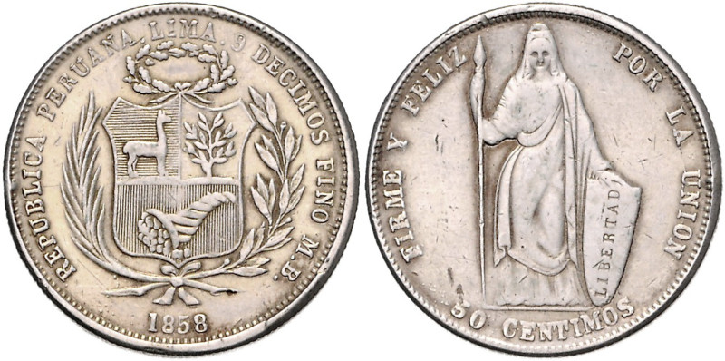 PERU, Republik, seit 1821, 50 Centavos 1858 MB, Lima. 11,72g. Erworben 12.07.88....