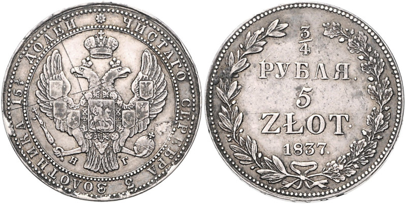 POLEN, Nikolaus I. von Russland, 1825-1855, 5 Zlotych 1837 HG. 15,05g.
Vs.Kr., ...