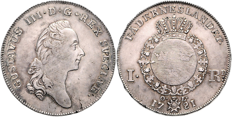 SCHWEDEN, Gustaf III., 1771-1792, Riksdaler 1781 OL, Stockholm. 29,04g.
Vs.kl.K...