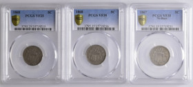 VEREINIGTE STAATEN VON AMERIKA, 5 Cents 1867 (VF-35); 5 Cents 1868 (VF-25+VF-35).
3 Stk., PCGS