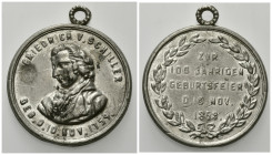 DICHTER UND SCHRIFTSTELLER, SCHILLER, FRIEDRICH VON. *1759, +1805, Deutscher Dichter, Tragb. Zinnmed. 1859 a.d. 100. Geburtstagsfeier. Büste halb l. R...