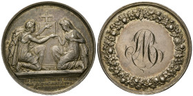 LIEBE UND EHE, FRANKREICH, Silbermed. o.J.(19.Jh.) von Petit a.d. Ehe. Junges Paar vor Altar kniend. Rs.Gravur im Blütenkranz. 14,27g; 32mm.
vz