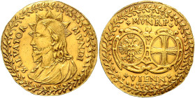 HAUS HABSBURG, Ferdinand III., 1637-1657, 10 Dukaten o.J., Wien. SALVATOR MUNDI. Brustb. Jesus Christus im Lorbeerkr. l. Rs.Zwei Wappen in Kartusche i...