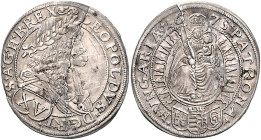 HAUS HABSBURG, Leopold I., 1657-1705, 15 Kreuzer 1675, Preßburg. 4,27g.
Riss, ss+
Her.1100