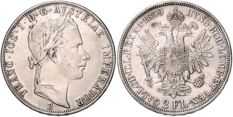 HAUS HABSBURG, Franz Joseph I., 1848-1916, Doppelgulden 1859 B, Kremnitz.
f.vz...