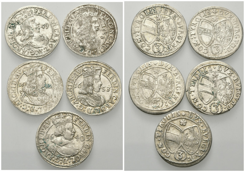 TIROL, Ferdinand Karl Erzherzog, 1632-1662, Lot von 5 3 Kreuzern des 17.Jhs. aus...