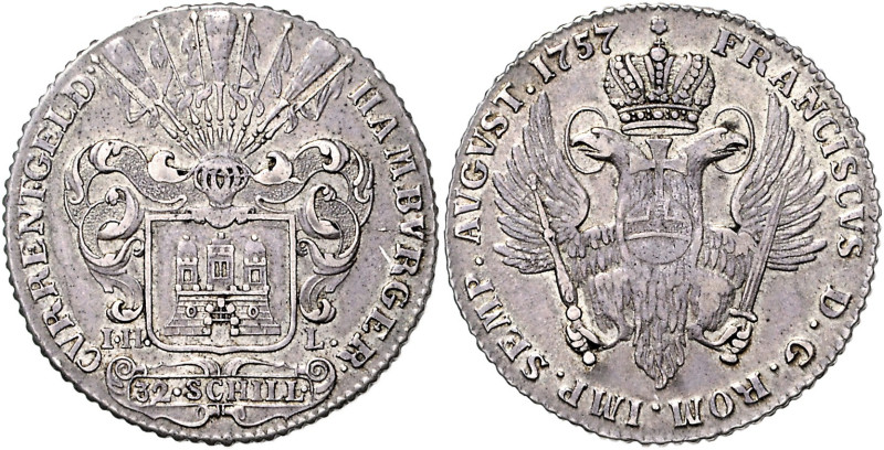 HAMBURG, STADT, 32 Schilling 1757 IHL. Mit Titel Franz I. 18,28g.
ss
Dav.541, ...