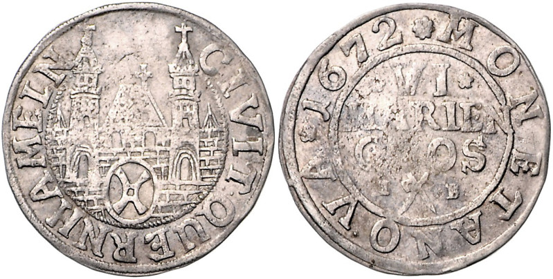 HAMELN, STADT, 6 Mariengroschen 1672 IB. 4,73g.
ss
Kalv.-Schr.265,