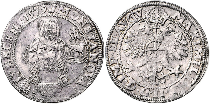 LÜBECK, STADT, Taler 1579. Mit Titel Maximilian II. 28,69g.
Sf., ss
Dav.9409, ...