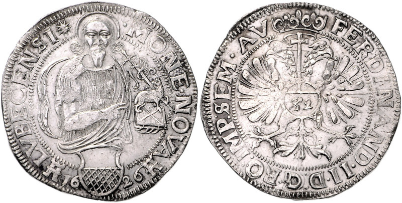 LÜBECK, STADT, Reichstaler 1626. Mit Titel Ferdinand II. 28,30g.
kl.Rdf, l.präg...