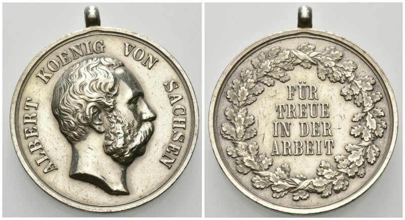 SACHSEN, Albert, 1873-1902, Silbermed. o.J. von Barduleck. Kopf r. Rs.FÜR TREUE ...